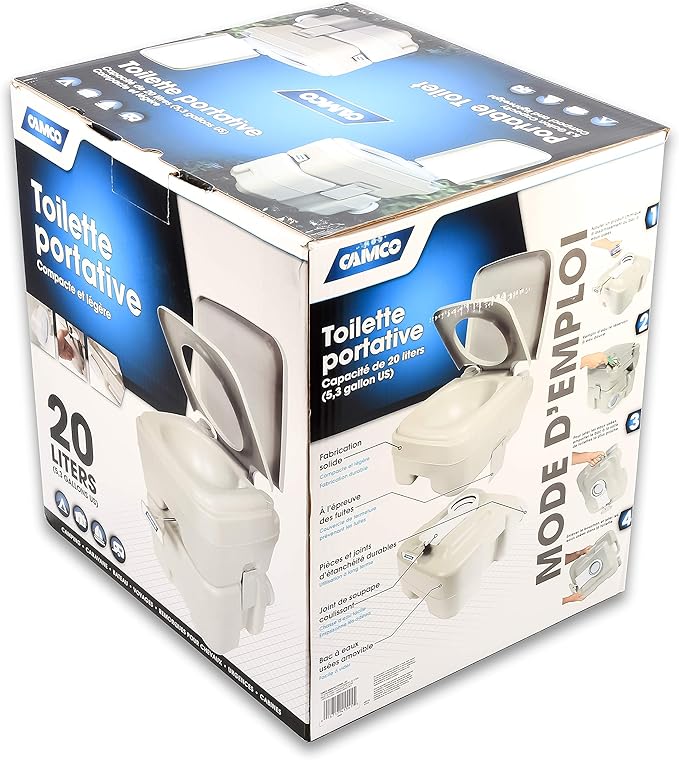 Camco 5.3-Gallon Portable Toilet - Features Detachable Holding Tank w/Sealing Slide Valve & Bellow-Type Flush - Easy Transport w/Compact Lightweight Design & Carry Handle - Gray (41541)