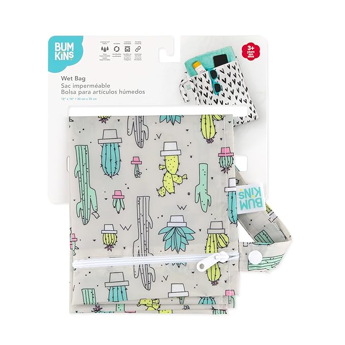 Bumkins Waterproof Wet Bag for Baby, Travel, Swim Suit, Cloth Diapers, Pump Parts, Pool, Beach, Gym Clothes, Toiletry, Hook to Stroller, Daycare, Zipper Reusable Wetdry Packing Pouch, Cactus Green