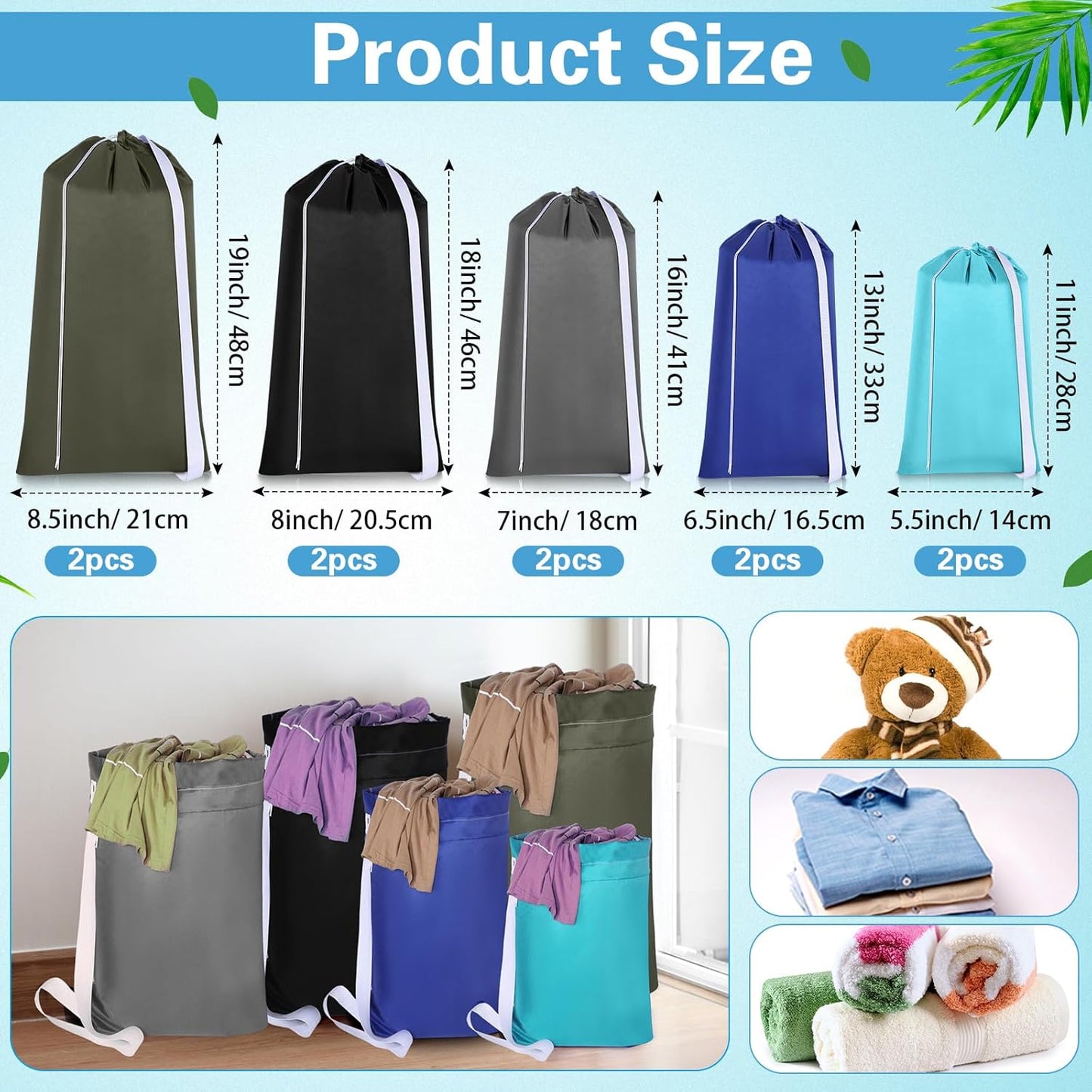 10 Pcs Nylon Extra Large Laundry Bag with Strap Travel Laundry Bags with Drawstring Closure Portable Cloth Bag for College Dorm Apartment Dwellers(Dark Color,Assorted Sizes)