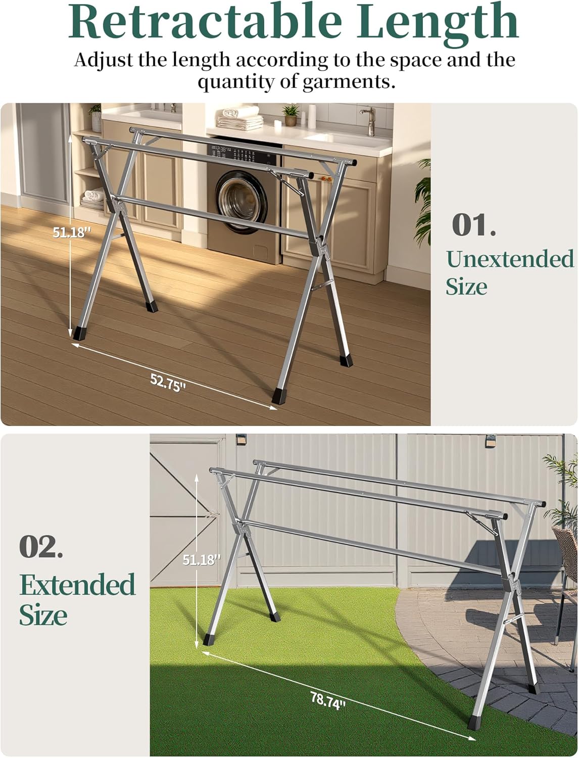 79 Inches Heavy - Duty Stainless Steel Folding Clothes Drying Rack - Indoor/Outdoor Use, Anti-Rust, 20 Windproof Hooks, Portable & Foldable (79'')