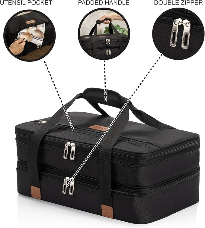 Stack Store Plus More Insulated Casserole Carrier for Hot or Cold Food, Lasagna Holder for Picnic, Potluck, Cookout - Fits 9” x 13” and 11” x 15” Baking Dish – Expandable Double Thermal Bag in Black