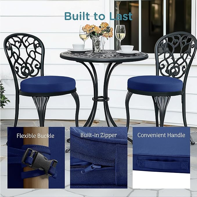 Codi Round Outdoor Chair Cushions 15 Inch, Patio Bistro Cushion Set of 2, Waterproof with Adjustable Straps, Navy 15x15''