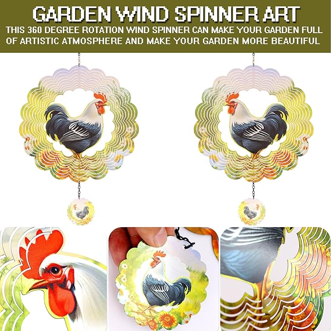 Rooster Metal Wind Spinners - Chicken Gifts for Women Mom Grandma Wife, Hanging Cock Wind Spinner for Outdoor & Indoor Decorations, 12 inch Wind Spinner for Christmas Ornament Gifts