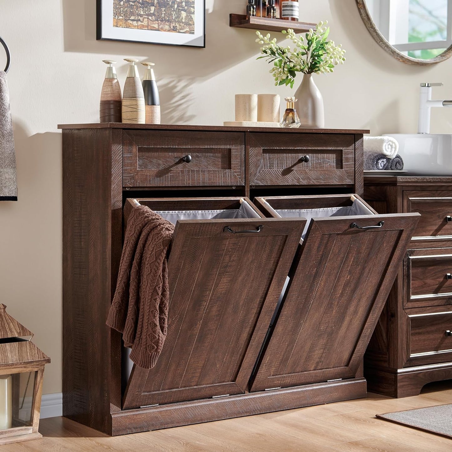 Double Tilt Out Laundry Hamper Cabinet, 20 Gallon Farmhouse Trash Can Cabinet with Drawer, Hidden Wood Garbage Can Bin Cabinet with Laundry Storage Basket for Bathroom, Kitchen, Brown