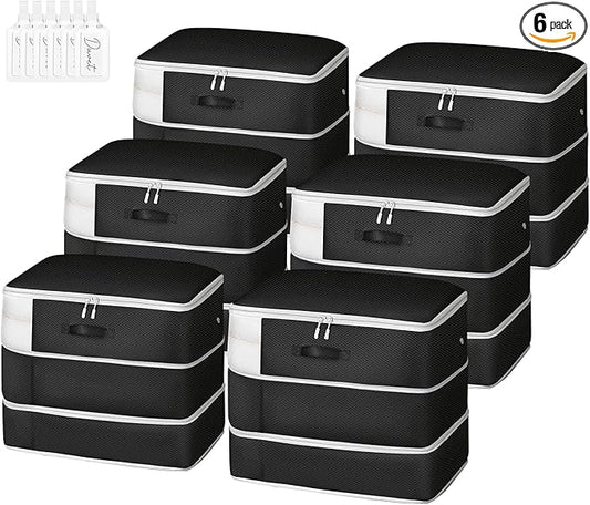 Comforter Storage Bag - Large Capacity Blanket Storage Bags 3-Layer Ultra Space Saving Self Compression Organizer, Washable Compression Bags for Storage Comforter Blanket, 6-Pack, Black