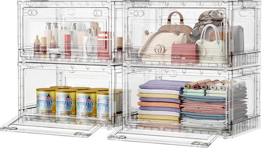 BROVIEW Clear Stackable Storage Bins Drawers, Open Front Large Plastic Storage Bins with Lids, Foldable Closet Organizers and Storage for Wardrobe Cabinets, Pantry, Makeup,4 Pack