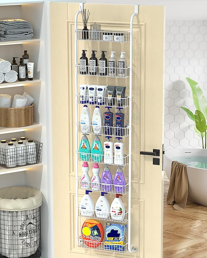 TIMEBAL 8 Tier Over the Door Pantry Organizer, and Storage Rack with 8 Full Baskets, Metal Hanging & Wall Mounted Kitchen Storage Spice Rack, Bathroom Over Door Organizer-White