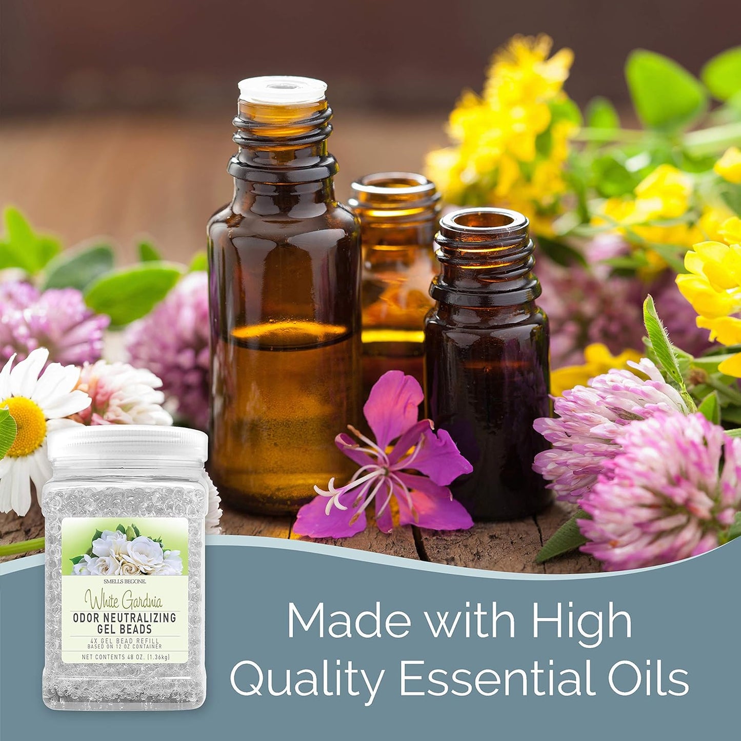 SMELLS BEGONE 48 oz Odor Eliminator Gel Bead Refill - Eliminates Odors from Bathrooms, Cars, Boats, RVs and Pet Areas - Air Freshener - Made with Essential Oils - White Gardenia Scent