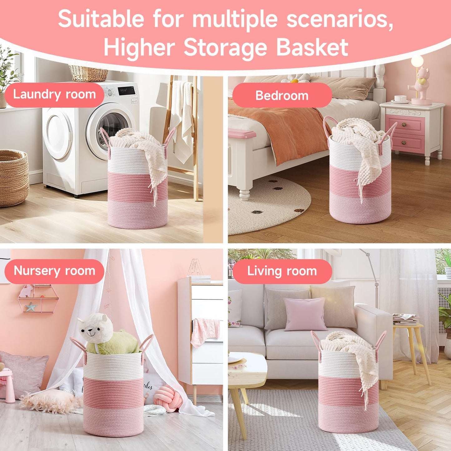 CLHMILY&Z 60L Laundry Basket Round Storage Rope Basket - 15x20.5 Inches - Pink Hamper in Bedreoom and Cute Storage Bin for Blankets, Toys, and Nursery Essentials