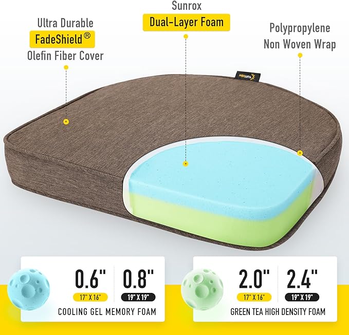 SUNROX Gel Memory Foam Chair Cushions, FadeShield Water-, Stain-Resistant Durable Reversible Seat Cushion Pads with Ties for Indoor/Outdoor Kitchen Dining Office 17"x16" Set of 2, Heather Chestnut