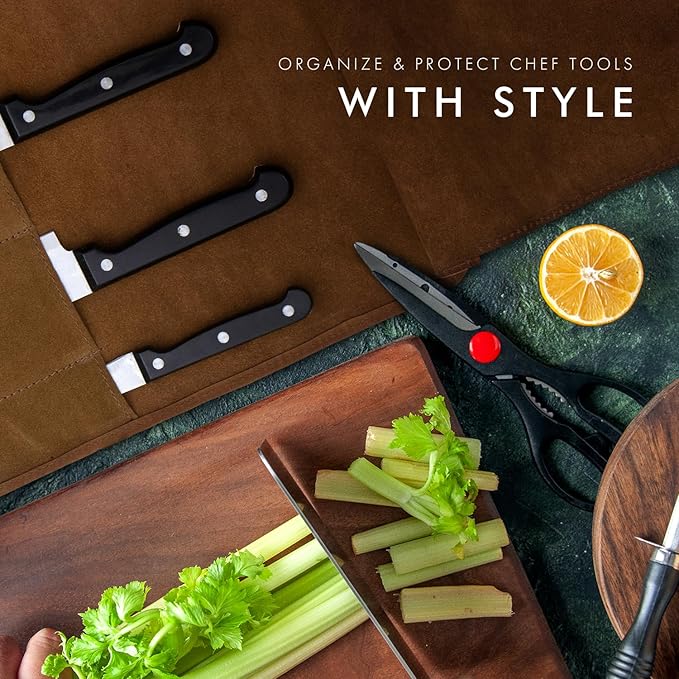 ELIZO Leather Knife Roll Bag Professional Chef Knife Case, Durable Knife Sheath Holder, Cooks & Culinary Tools Carrying Storage, Portable Knife Wrap - 4 Slots