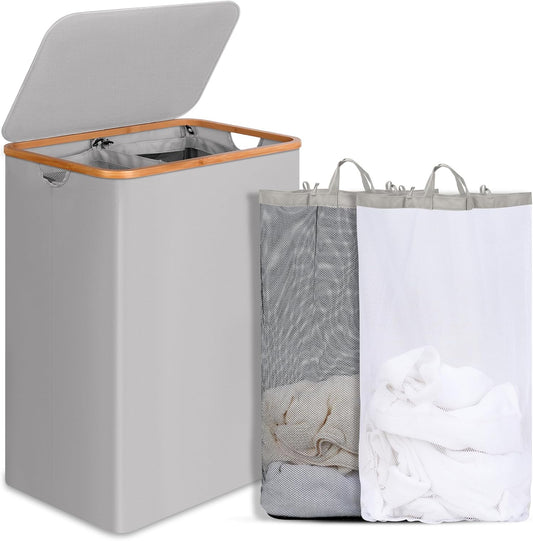 Double Laundry Hamper with Lid, Divided Laundry Hamper with Removable Bags, 2 Section Dirty Clothes Basket with Handles for Bathroom, Bedroom & Laundry Room, 160L Dove Gray