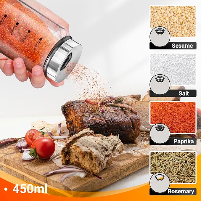 Segarty Glass Spice Jars, 6 Pack 15oz Large Spice Jar with Labels, Clear Empty Spice Containers with Shaker Lids, Salt Pepper Shakers Set Seasoning Bottles with 136 Stickers, 1 Chalk Pen and Brush