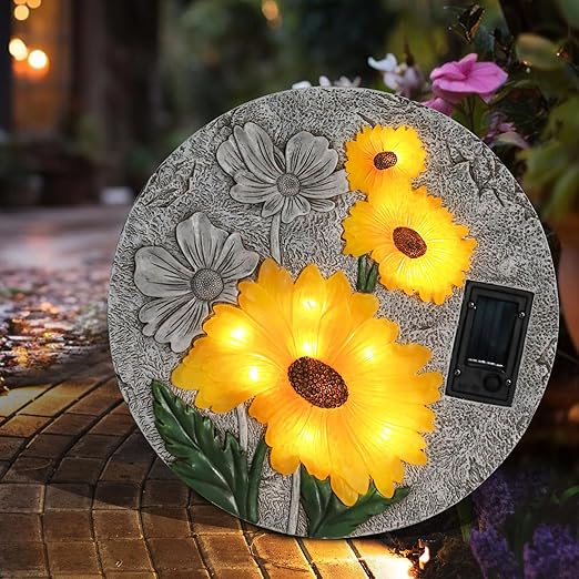 DREAM GARDEN Garden Décor Sunflower Outdoor Decorative Stones, Solar Garden Stone Resin Outdoor Garden Stone Patio, Walkway Stones Yard Art, 10.75 Inch
