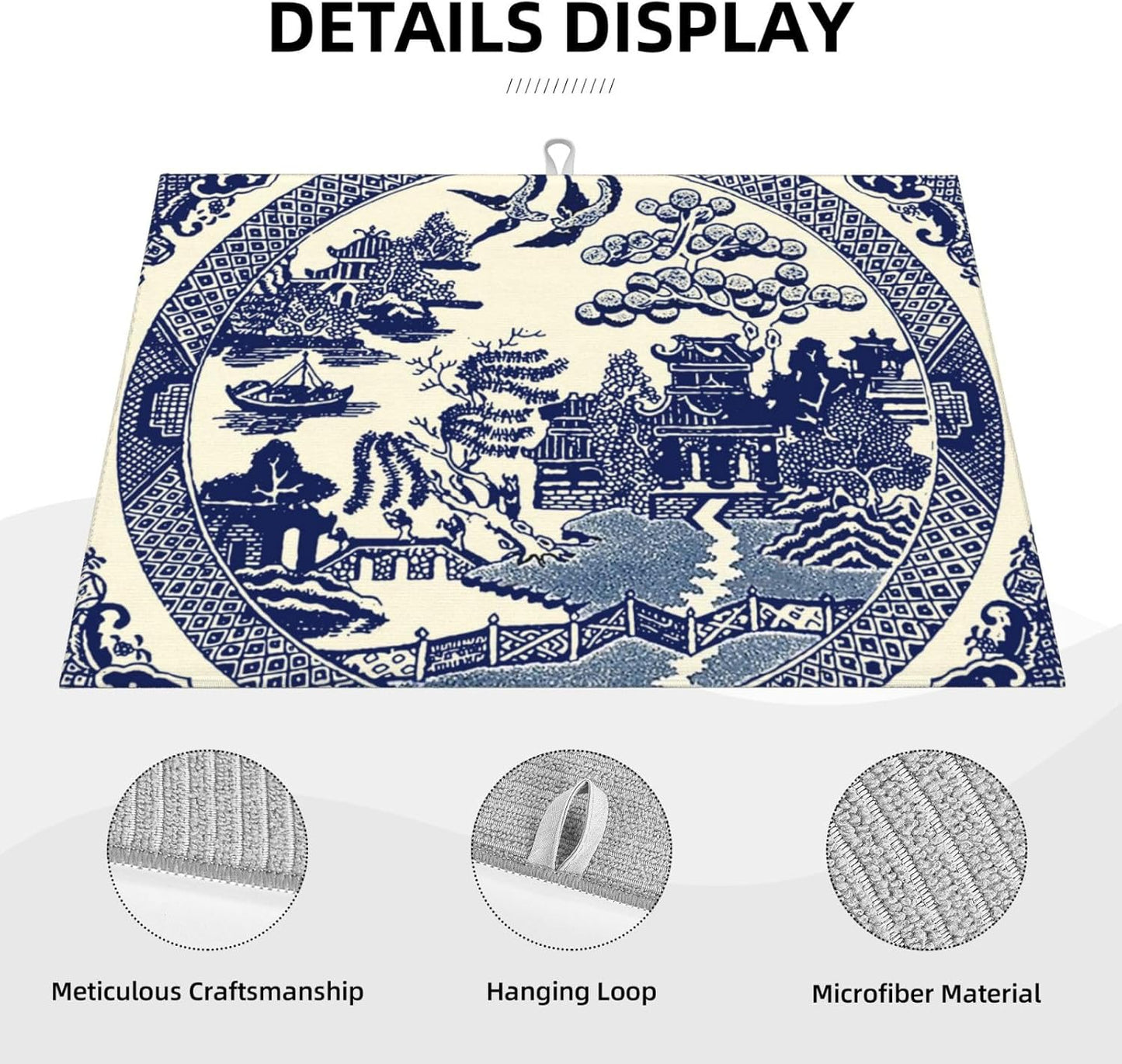 Dish Drying Mat For Kitchen Counter Absorbent Dish Mat Reversible Drainer Drying Kitchen Mat (Oriental Style Chinese Blue Willow, 24X18)