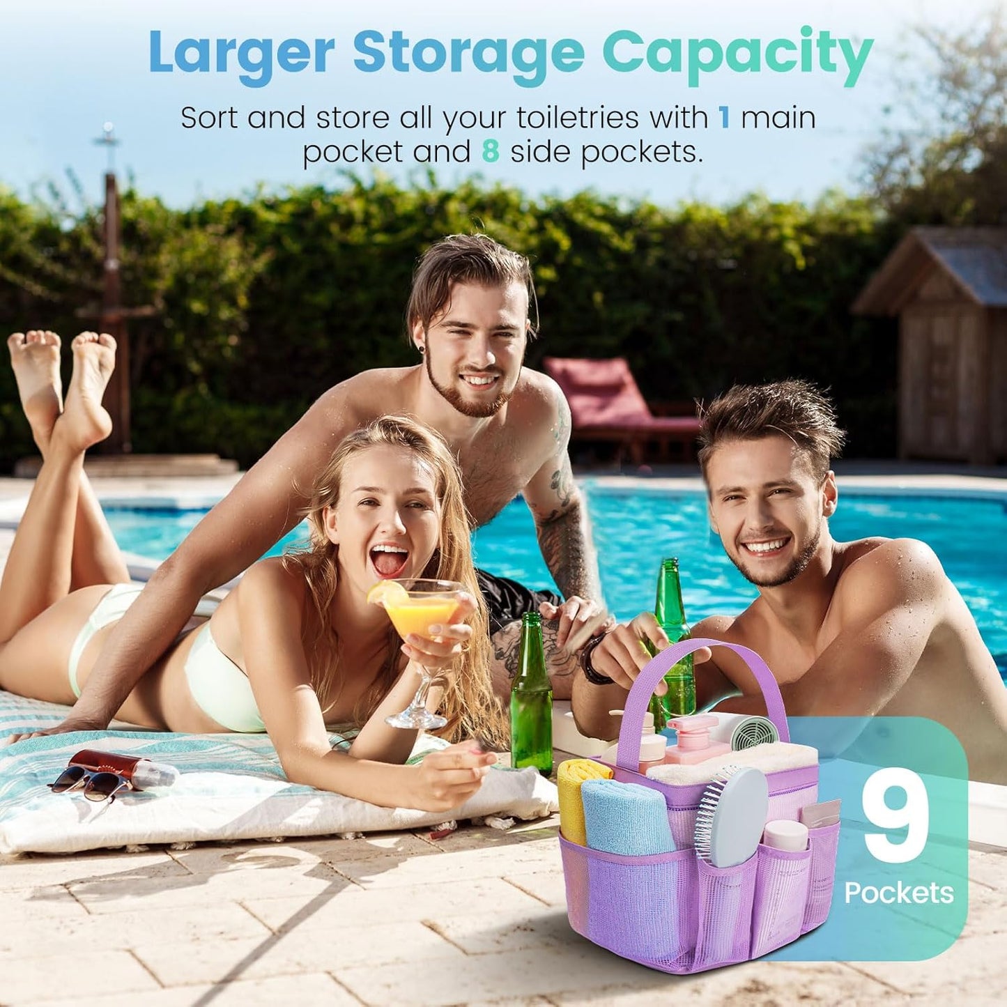 Mesh Shower Caddy for College Dorm Room Essentials for Girls with 9 Pockets,Large-Capacity Shower Basket,Quick Dry Toiletry Tote Bag,Outdoor Gym,Travel,Swim,Beach Camping Essentials-Black and Purple