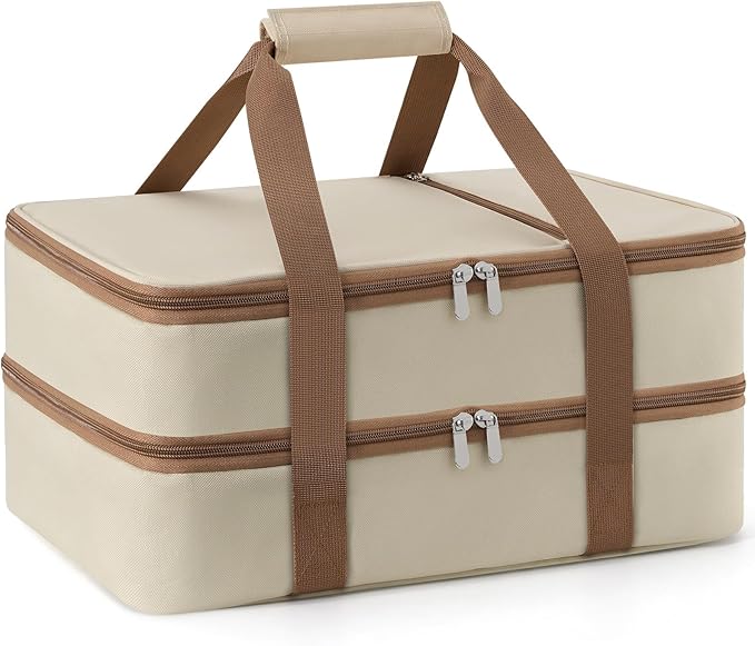 Double Insulated Casserole Carrier for Hot or Cold Food,Pie Carrier Bag Lunch Tote for Potluck Parties/Picnic/Cookouts, Fits 9"x13" Baking Dish, Beige