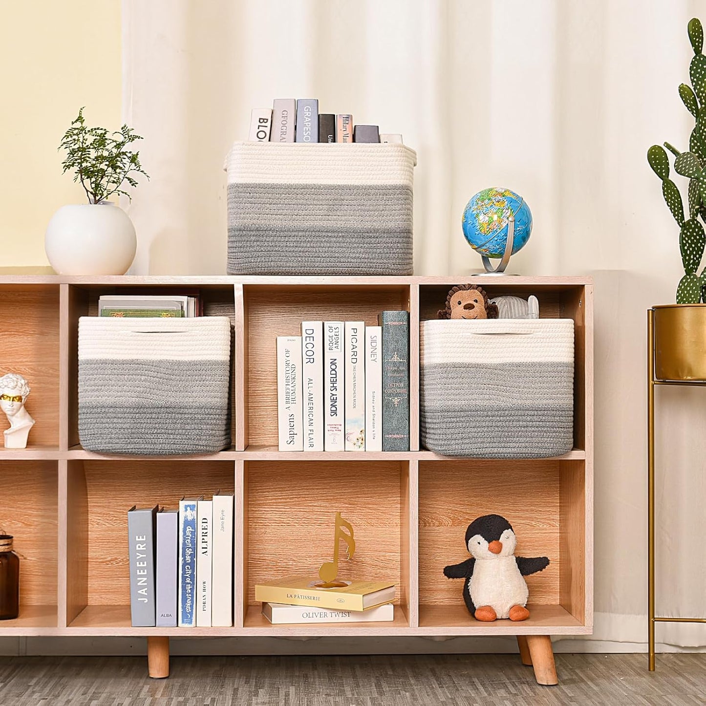 Storage Baskets for Organizing Shelves, Woven Cotton Rope Baskets for Storage Books Towels Toys, Organizing Baskets, Toy Basket for Nursery Bathroom, 15"x11"x9.5", 3 Packs, Gradient Grey