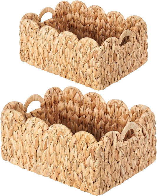 Scalloped Basket Wicker & Rattan Storage Basket with Built-in Handles, Large Woven Water Hyacinth for Nursery & Bathroom Organization 2 Pack
