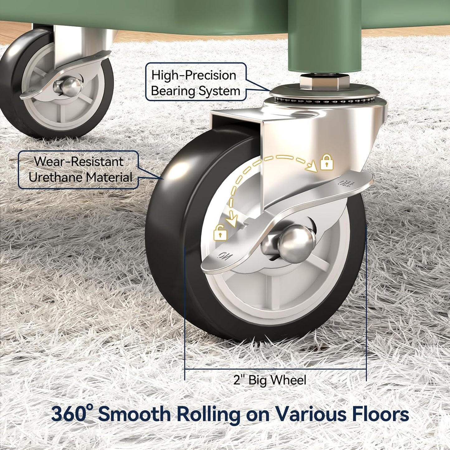 YASONIC 3-Tier Rolling Cart, Green, 66 Pounds Capacity, Mesh Storage Organizer with Lockable Wheels, 3 Hanging Cups, 4 Hooks, Easy Assembly, for Kitchen, Bathroom, Laundry, Grocery