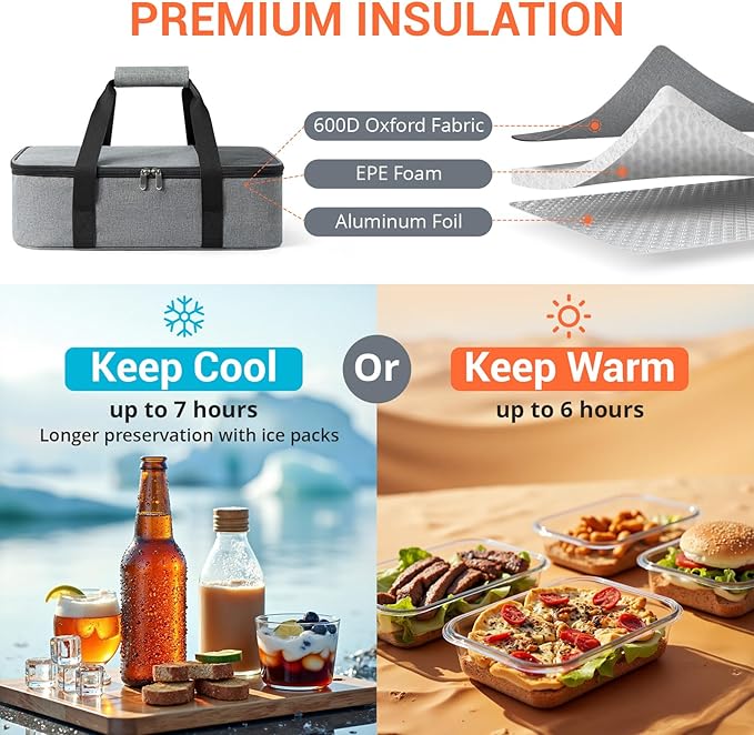 Insulated Casserole Carrier for Hot or Cold Food,Pie Carrier Bag Lunch Tote for Potluck Parties/Picnic/Cookouts, Fits 9"x13" Baking Dish,Single Grey