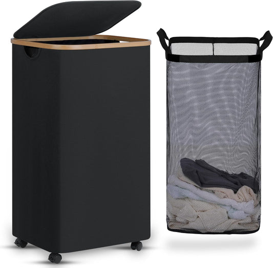 efluky Laundry Basket with Wheels, Tall Rolling Laundry Hamper with Lid and Removable Bag, Aesthetic Dirty Clothes Hamper on Wheels for Laundry Room, Bedroom, Dorm and Bathroom, 100L Black