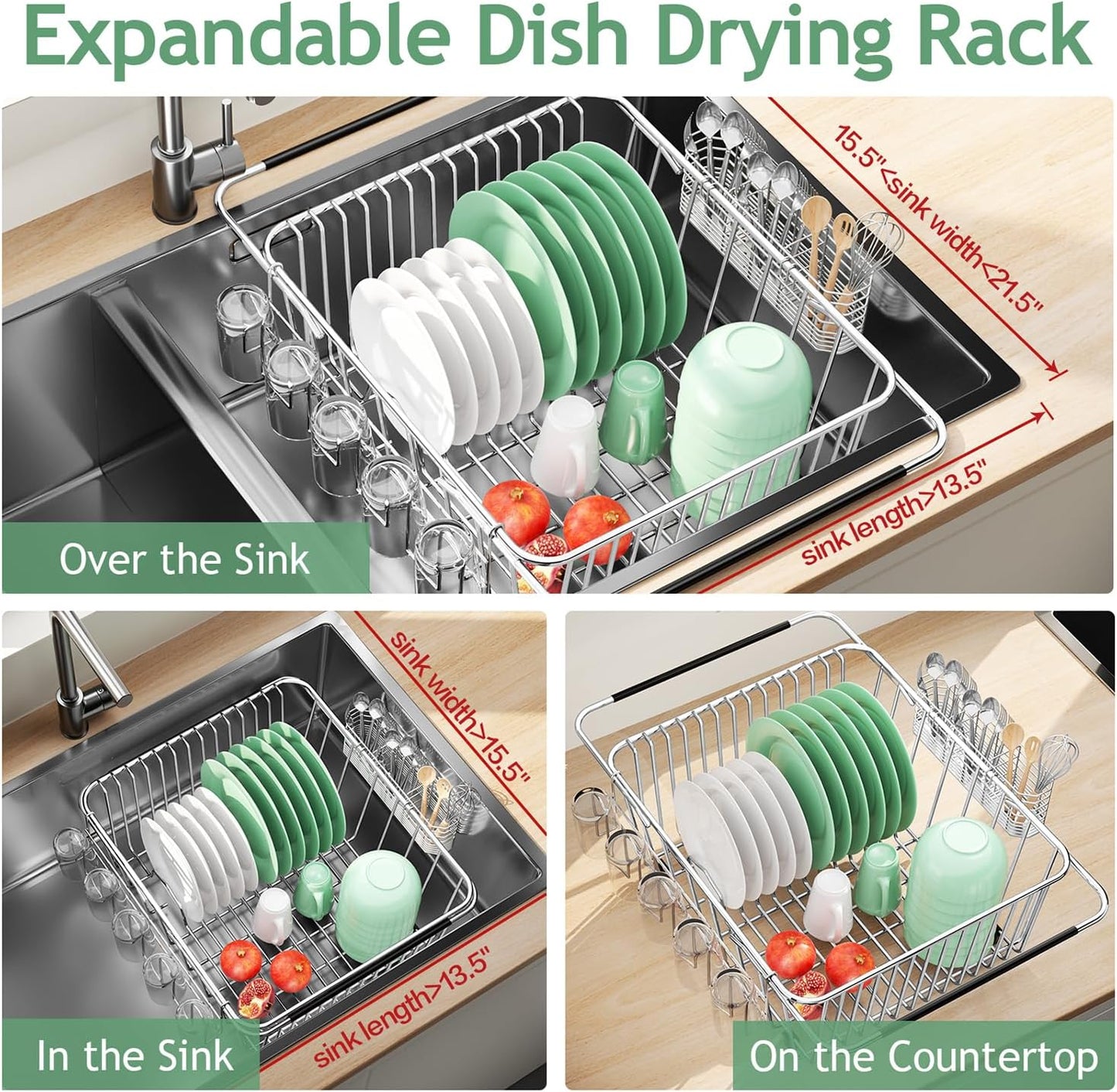 Dish Drying Rack in Sink, Extendable Stainless Steel Dish Drainers for Kitchen Counter, Anti-Rust Dish Dryer Rack with Utensil & Cup Holders, for Inside Sink, Over The Sink