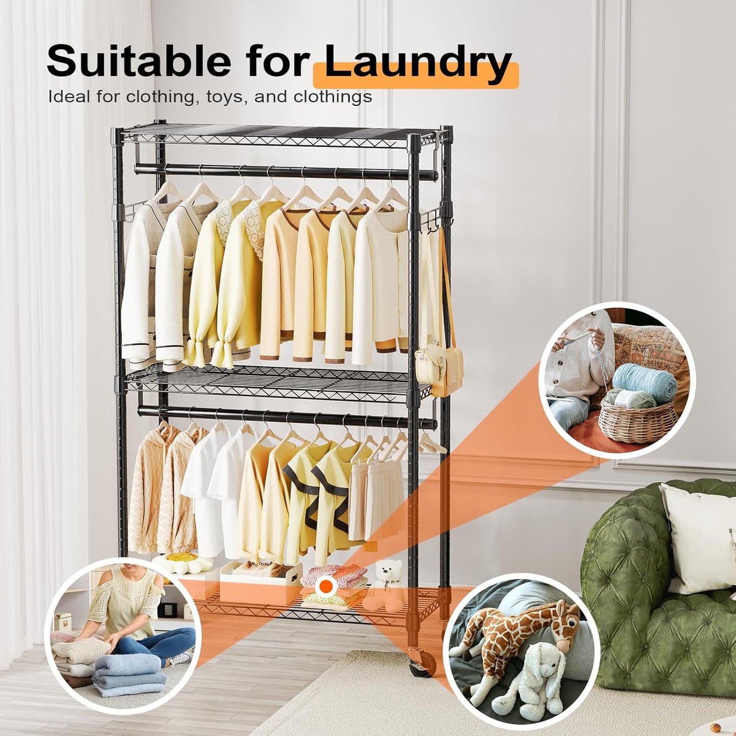 Heavy Duty Rolling Garment Rack 3 Tiers Adjustable Wire Shelving Clothes Rack with 2 Rods and Side Hooks,Storage Closet Clothing Rack with Wheels Black 15.7" D x 29.5" W x 74.5" H