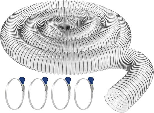 Peachtree Woodworking 4" X 10' PVC Dust Collection Hose w/4 Thumbscrew Clamps, Puncture Resistant, Carbon Steel Wire, Flexible Clear PVC Dust Collector Hose, Proudly Made in USA