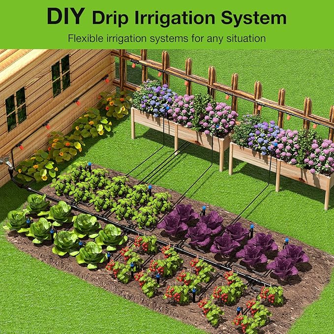 MIXC Greenhouse Micro Drip Irrigation Kit Automatic Irrigation System Patio Misting Plant Watering System with 1/4 inch 1/2 inch Irrigation Tubing Hose Adjustable Nozzle Emitters Barbed Fittings