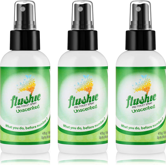 Flushie Pre-Toilet Spray for Poop Travel Size Toiletries Bathroom Spray for Poop Spray for Toilet Deodorizer Traveling Essentials Poop deodorizer Poop Odor eliminator 4oz (Unscented, 3 Pack)
