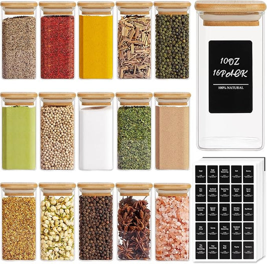 ComSaf 16Pcs Glass Spice Jars with Bamboo Lid, 10oz Airtight Square Containers with 275 Black Lables, Empty Seasoning Jars for Spice Salt Sugar