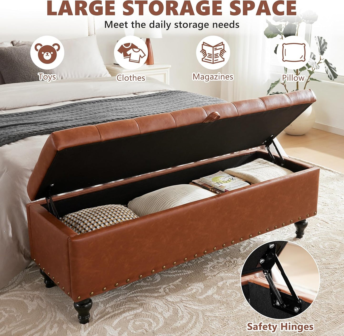 51.8’’ Storage Ottoman Bench, Faux Leather Ottoman with Storages, Window Benches Holds up to 330lbs, Upholstered Storage Bench for Bedroom, Living Room, Entryway and Family Room, Brown
