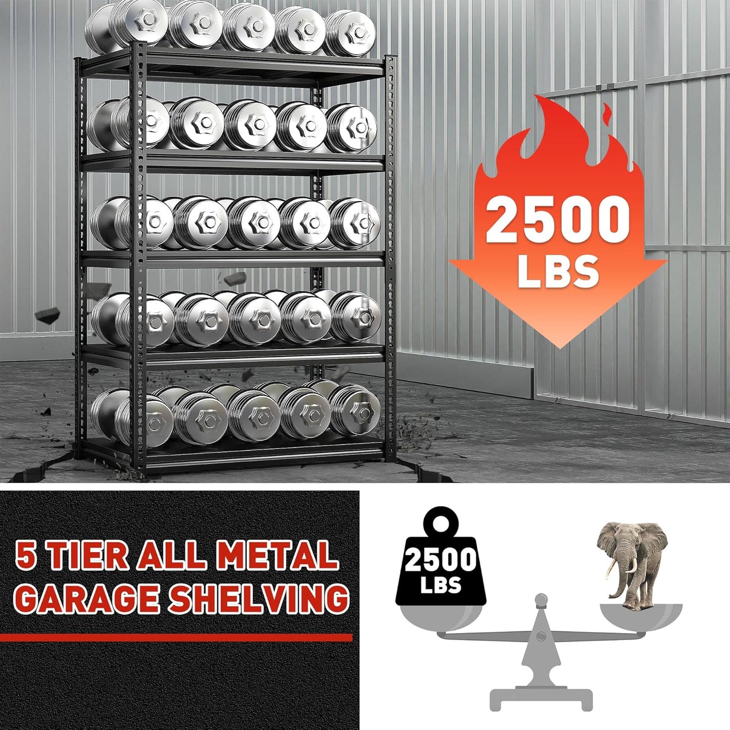 REIBII 72" H Garage Shelving Load 2500 LBS, Heavy Duty Storage Shelves, 5-Tier Adjustable Garage Shelves for Warehouse, Basement, 72" H x36 W x18 D, Black, 4 Pack