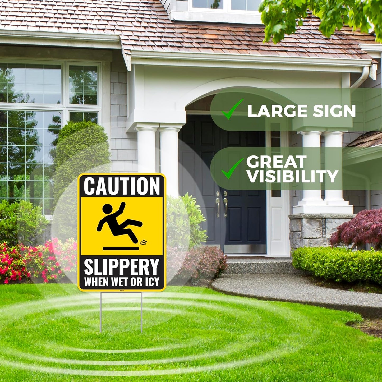 2PC Caution Slippery When Wet Or Icy Sign with Metal Stakes, 12 Inches by 9 Inches - Corrugated Plastic