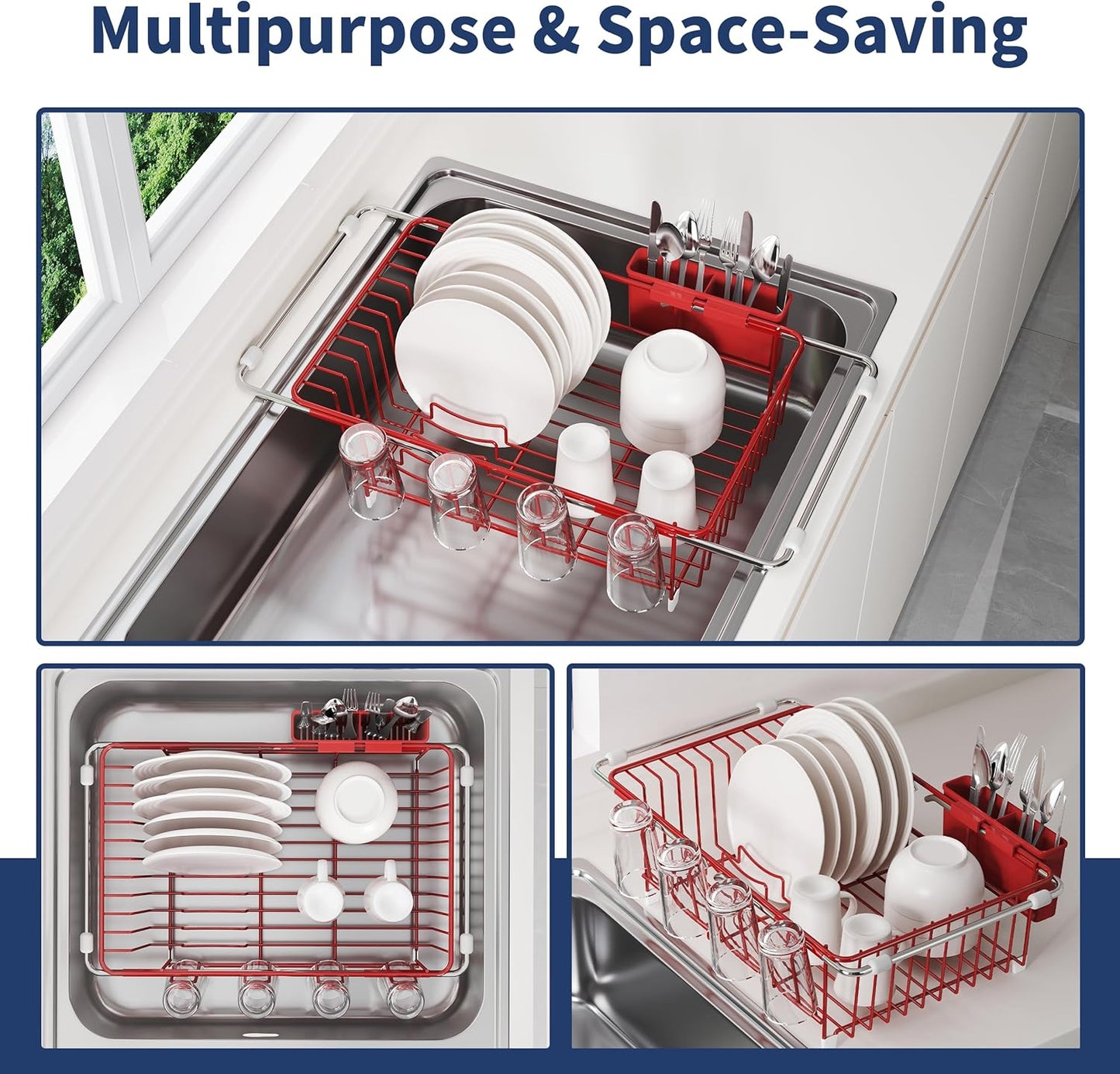 JASIWAY Dish Drying Rack in Sink, Red Dish Dryer Racks Over Sink, Dishes Drainers for Kitchen Sink, Stainless Steel Plates Drying Rack with Utensil Holder & Cups Holder