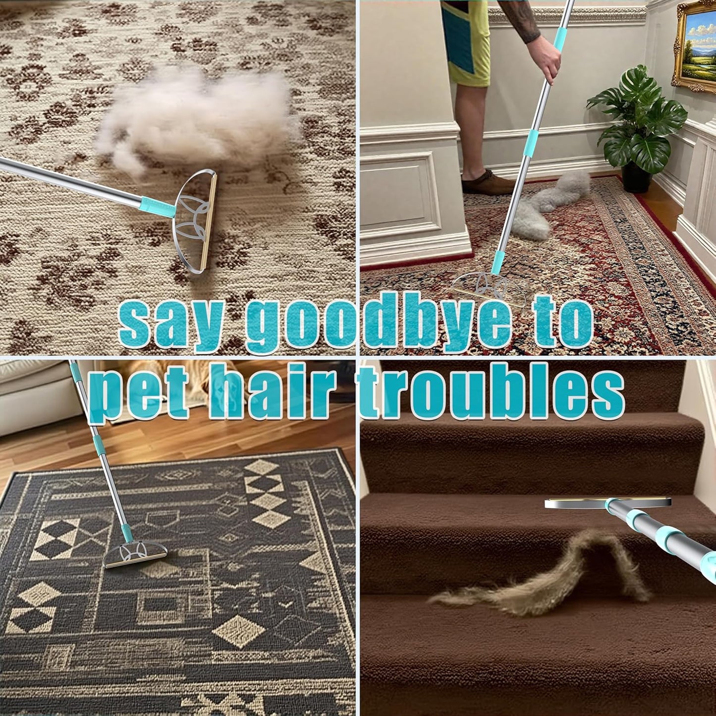 Ultra & Pro LINTPLUS Combo – 63” Long Carpet Rake for Pet Hair + Pro Attachments – Heavy Duty Stainless Steel Handle, Stand-Up Design – Effortless Fur & Lint Removal for Large Rugs, Carpets, Floors