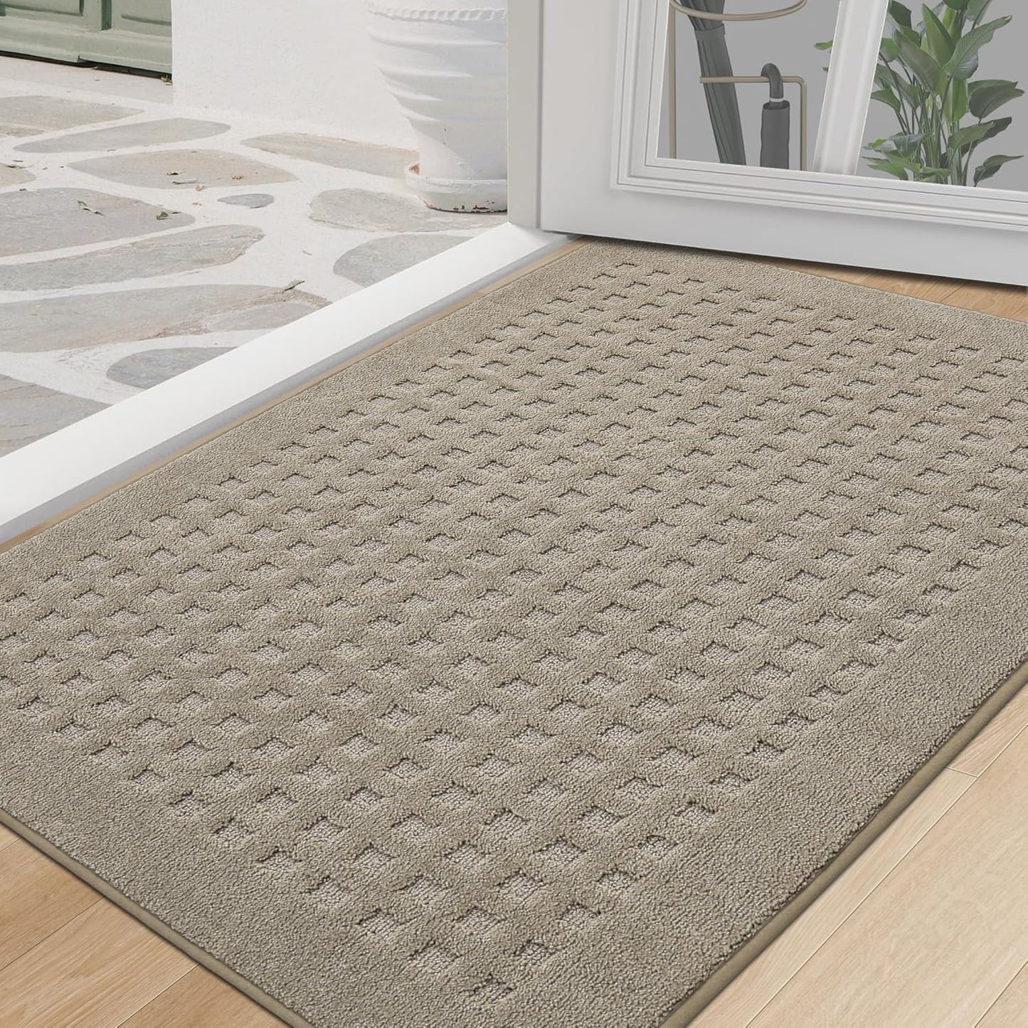 BEQHAUSE Waffle Door Mats Indoor 32"x48", Dog Mat for Muddy Paws Absorbent and Dirt Resist Floor Mats Non-Slip Washable Rugs for Entryway, Welcome Mat for Front Back Door, Muddy Wet Shoes, Beige
