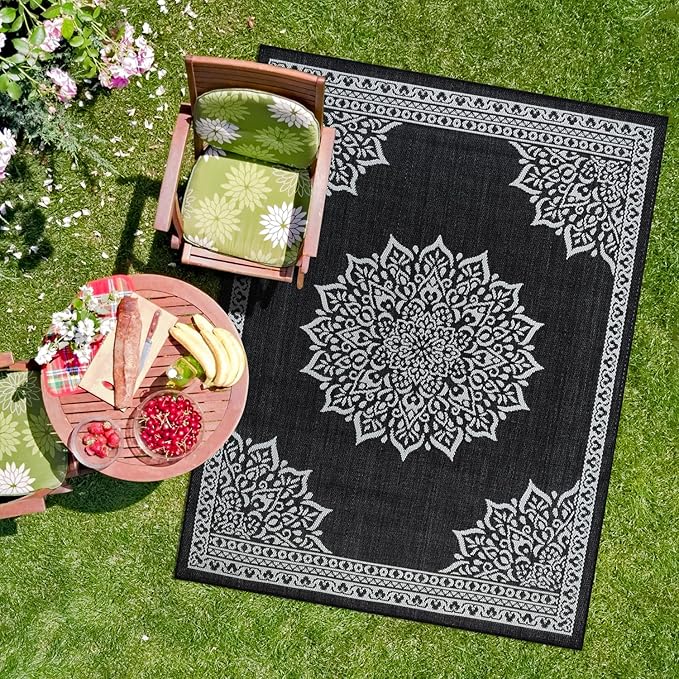 CAMILSON Outdoor Rug, 9x12 Medallion Black White Modern Area Rugs for Large Indoor and Outdoor Patios, Kitchen and Hallway Mats, Washable Porch Deck Outside Carpet (Medallion Black, 9 x 12)
