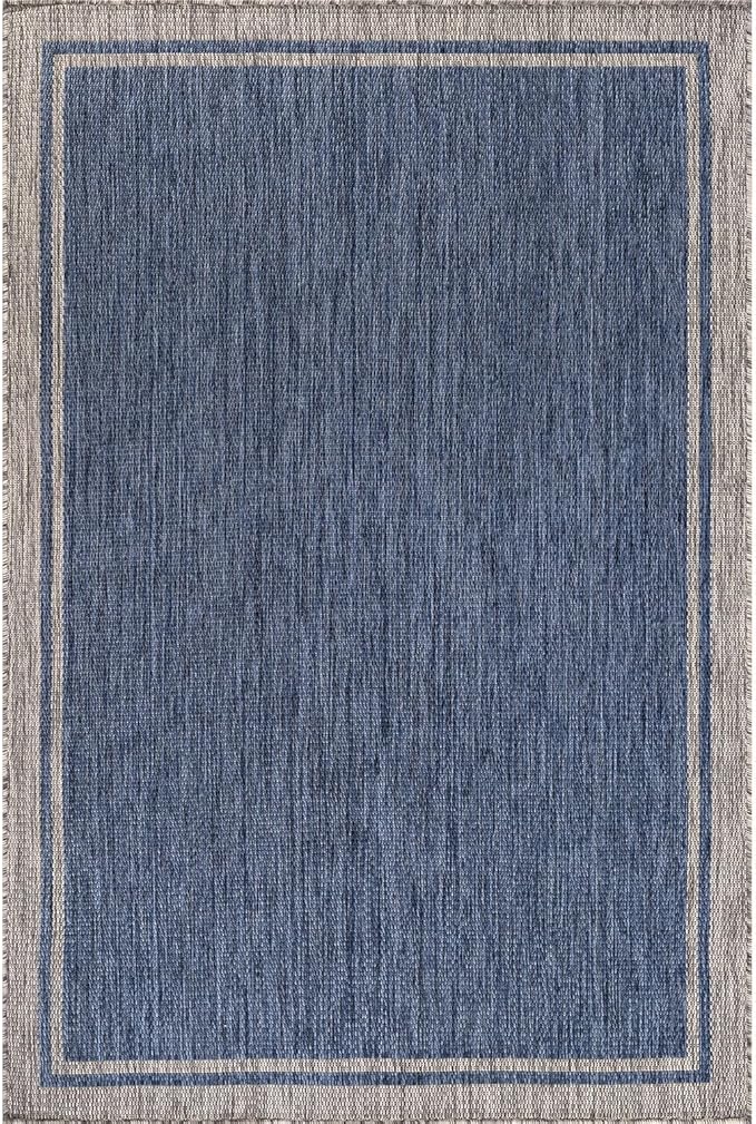 CAMILSON Outdoor Rug, 9x12 Bordered Navy Blue Gray Modern Large Area Rugs for Indoor and Outdoor Patios, Porches Waterproof Washable Porch Deck Outside Carpet (Bordered Navy, 9 x 12)