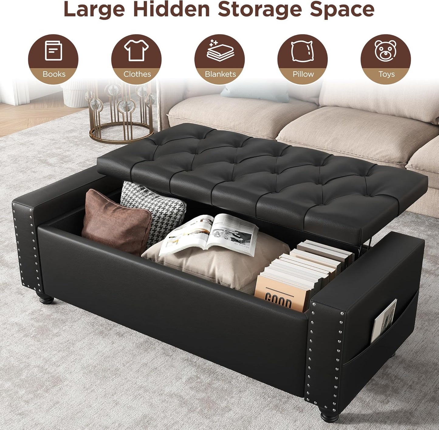 Maupvit Storage Ottoman Bench, 49 Inch Bedroom Bench, Upholstered Ottoman with Storage, Entryway Bench with Tufted Button, Faux Leather Window Bench for Bedroom, Living Room, Entryway, Hallway, Black