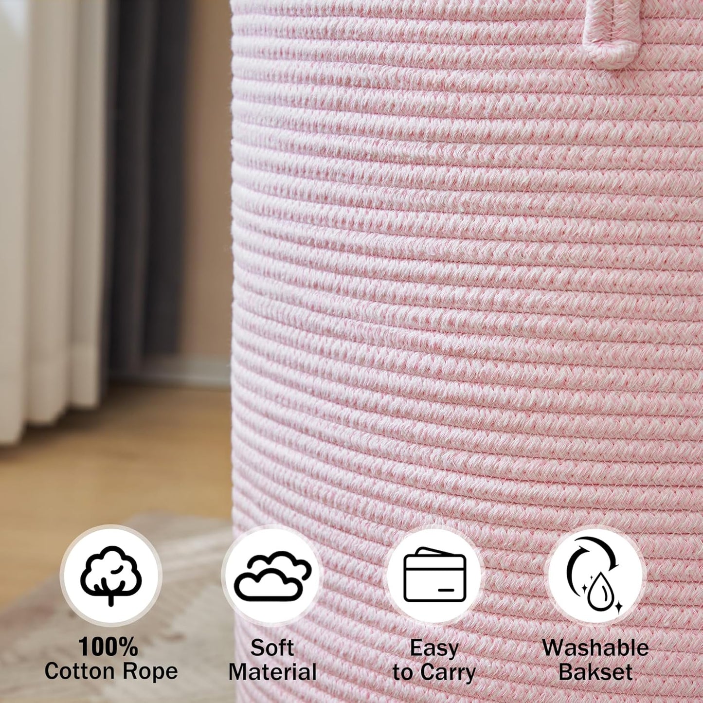 YOUDENOVA Woven Rope Laundry Hamper, 58L Tall Luandry Basket, Baby Nursery Hamper for Blanket Storage in Bedroom-Large-Pink