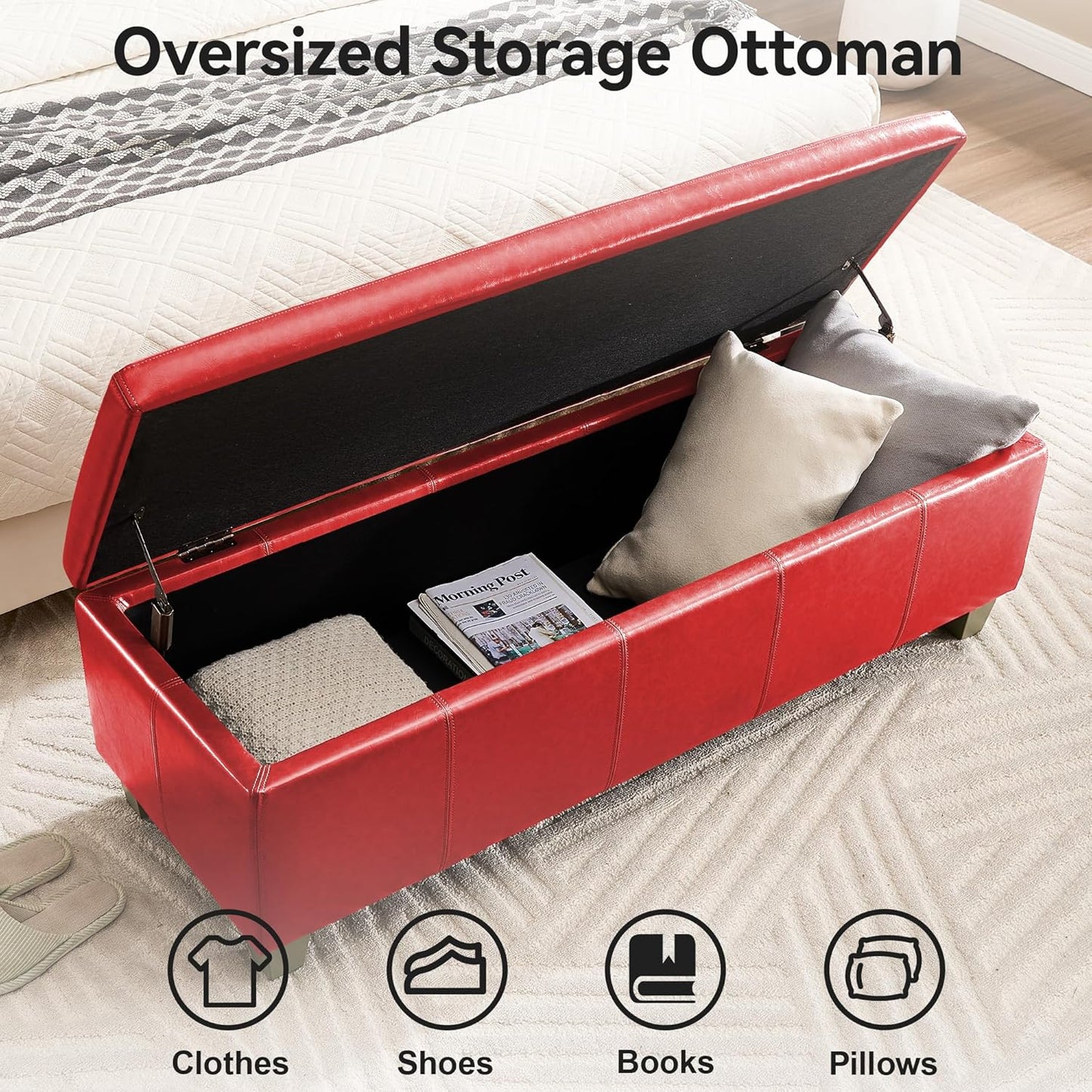 51" Faux Leather Storage Ottoman, Stitch Tufted Rectangle Upholstered End of Bed Storage Bench, Entryway Large Couch Ottoman with Wooden Legs,Red