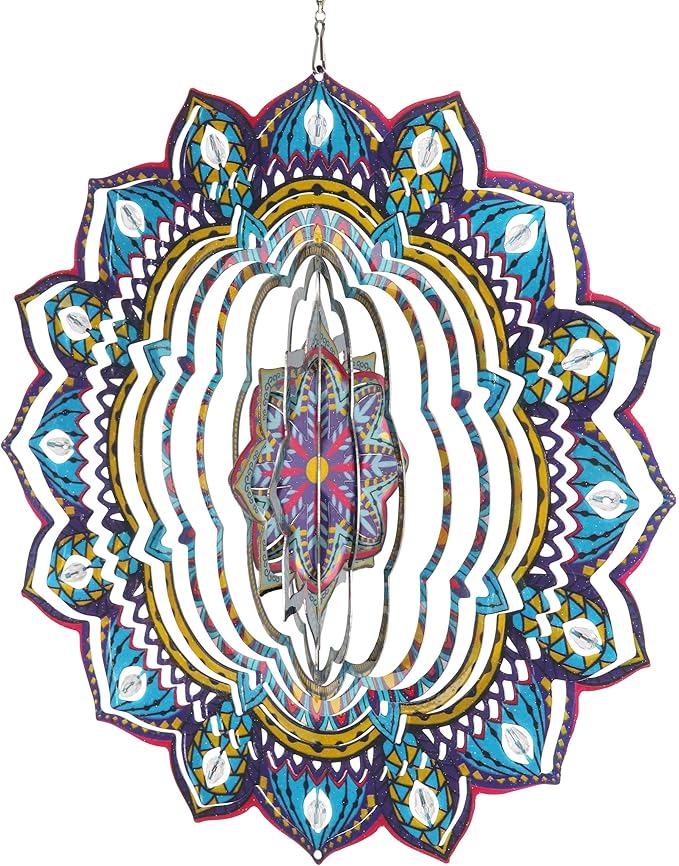 Exhart Wind Spinner, Starburst Mandala Wind Sculpture, 3D Laser Cut Patterns with Bead Details, Metal Outdoor Garden Decoration, Multicolor Lawn and Yard Art, 12 Inch