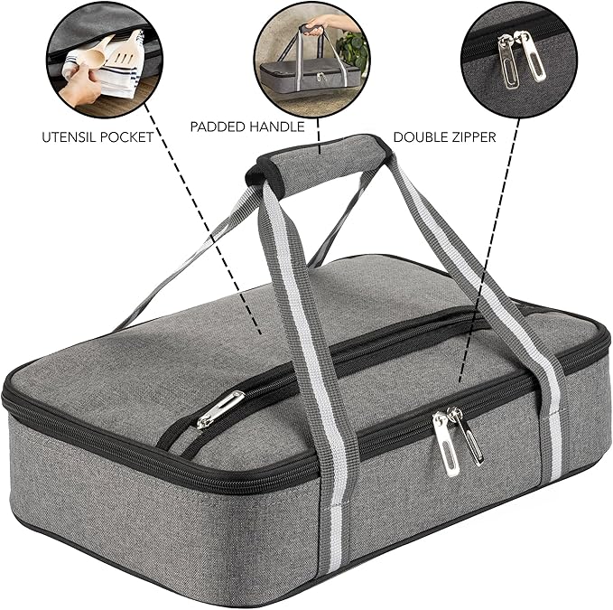 Stack Store Plus More Gray Insulated Casserole Carrier for Hot or Cold Food, Lasagna Holder for Picnic, Potluck, Cookout – Fits 9”x13” or 11”x15” Baking Dish – Thermal Tote