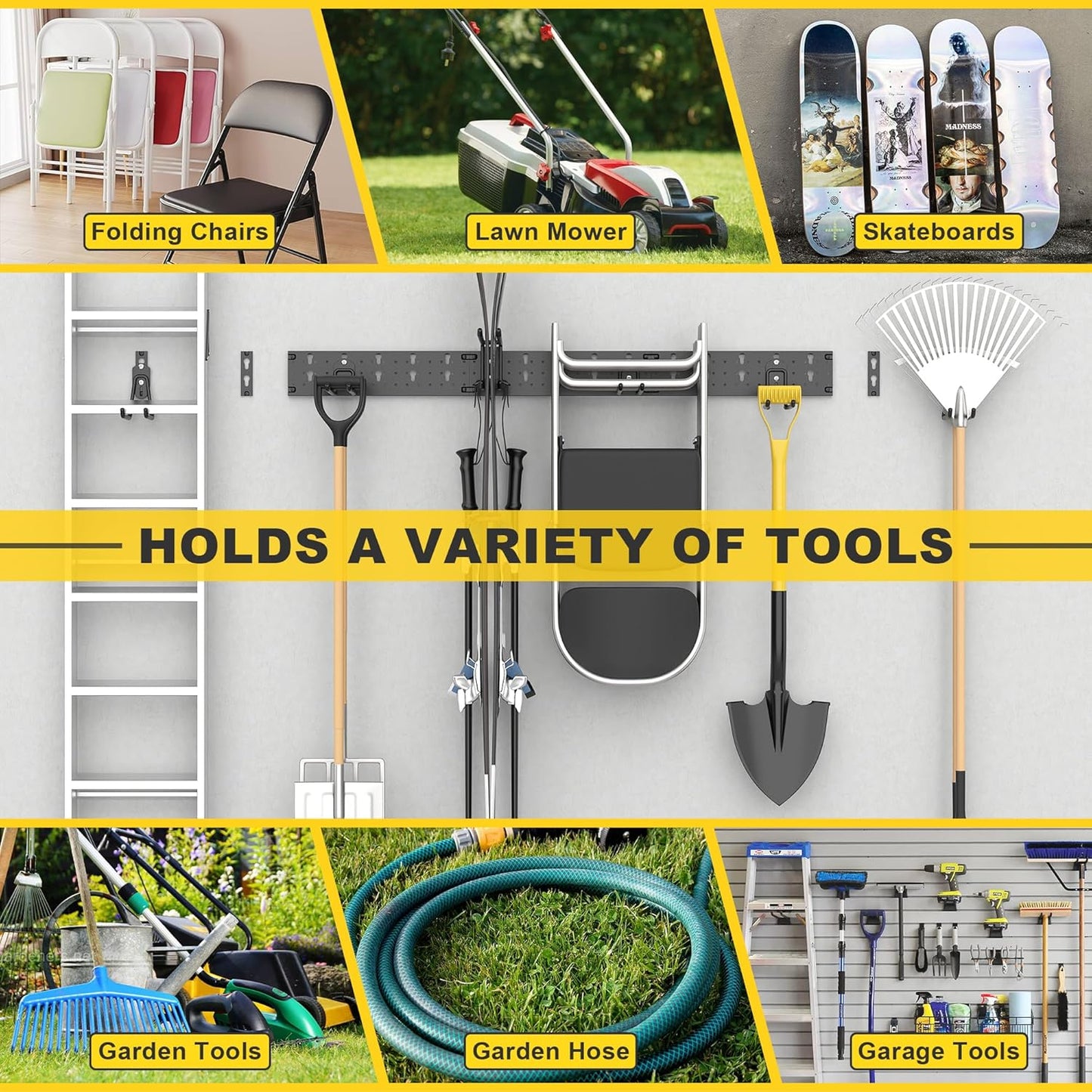 Ultrawall Garage Storage Organization, Versatile Storage Hooks Garden Tool Organizer Wall Mount, 64 Inch Yard Tool Organizer Hangers for Shovels, Rakes, Ladders, 19pcs Black