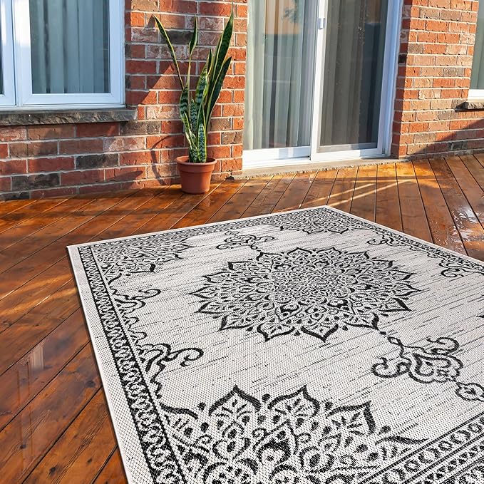 CAMILSON Outdoor Rug, 8x10 Medallion White Black Modern Area Rugs for Indoor and Outdoor Patios, Kitchen and Hallway Mats, Washable Porch Deck Outside Carpet (Medallion White, 8 x 10)