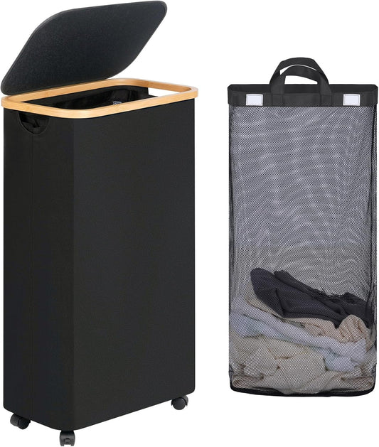 efluky Slim Laundry Basket with Wheels, Narrow Rolling Laundry Hamper with Lid and Removable Bag, Aesthetic Dirty Clothes Hamper on Wheels for Laundry Room, Bedroom, Dorm and Bathroom, 75L Dark Black