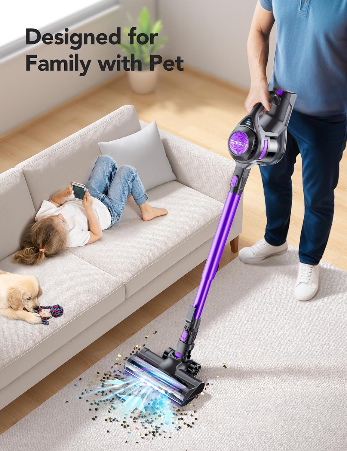 Cordless Vacuum Cleaner, Rapid Clean 23 Kpa Powerful Suction, 1.3 L Large Capacity, 2 Modes & 30Mins Runtime, Rechargeable Stick Vacuum for Pet Hair Hardwood Carpet - Purple