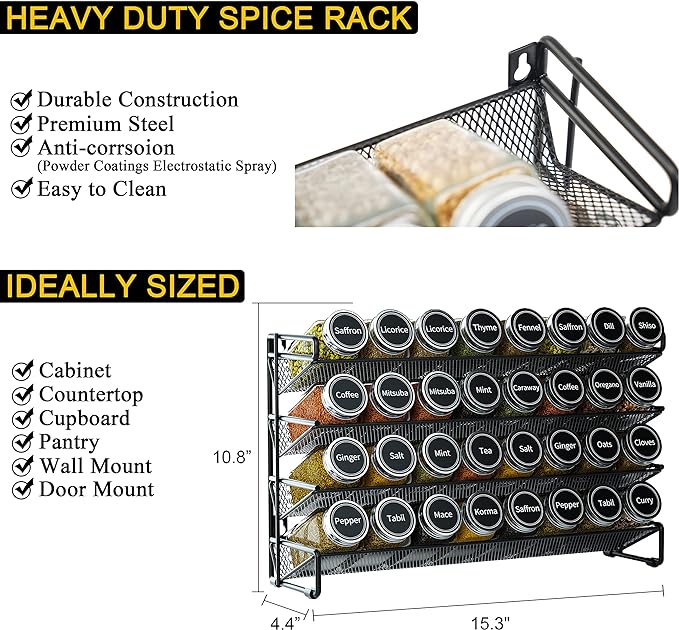 SpaceAid Spice Rack Organizer with 32 Spice Jars, 386 Spice Labels, Chalk Marker and Funnel Set for Cabinet, Countertop, Pantry, Cupboard or Door & Wall Mount - 32 Jars, 15.3" W × 10.8" H, Black